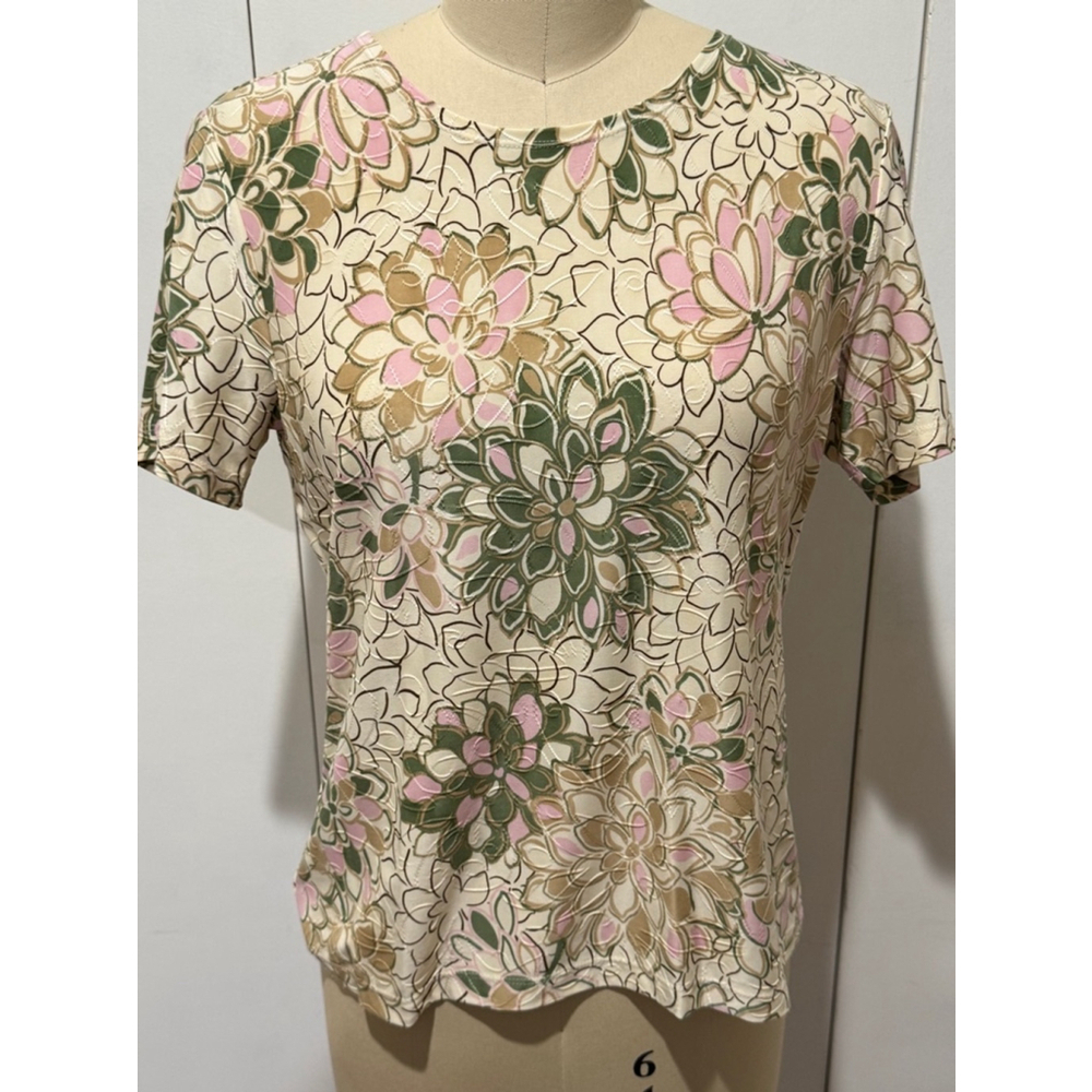 Women's Unbranded Floral Print silky knit short sleeve Top Sz M cream pink